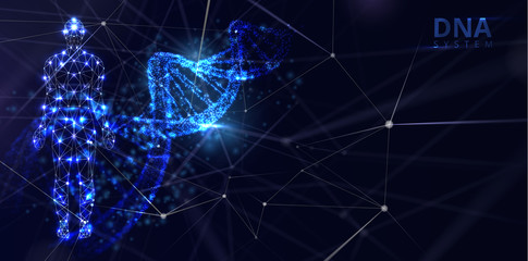 Blue abstract background with luminous DNA molecule, neon helix and human body. - 257799594