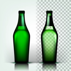 Beer Bottle Vector. Craft Cold Drink. Brewery Poster. Pub Refreshment. Green. 3D Transparent Isolated Realistic Illustration