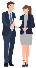 Cartoon people character design business man and woman standing talking cheerfully.