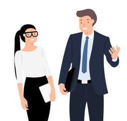 Cartoon people character design banner man and woman standing talking cheerfully.