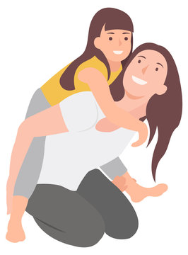 Cartoon people character design mother and child having fun and giving piggyback