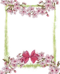 Sakura Wreath with Tied Bow Decorated Green Frame Isolated on White Background. Floral Design for Print, Greeting Card, Poster, Banner, Invitation, etc.