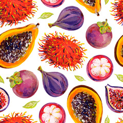 Gouache seamless pattern with exotic fruits. Pattern 3. Hand-drawn clipart for art work and weddind design.
