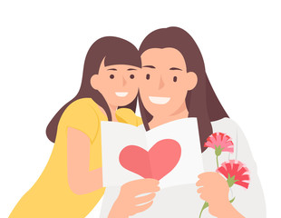 Cartoon people character design happy mother's day daughter and mom cheerfully watching celebration card