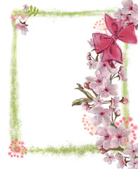 Sakura Wreath with Tied Bow Decorated Green Frame Isolated on White Background. Floral Design for Print, Greeting Card, Poster, Banner, Invitation, etc.