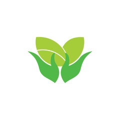 simple geometric hand hold leaf plant circle logo vector