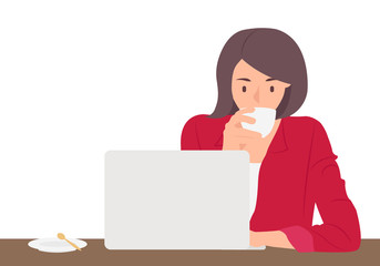 Cartoon people character design young profession woman working on laptop and drinking coffee