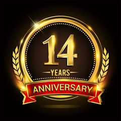 Celebrating 14th years anniversary logo with golden ring and red ribbon.