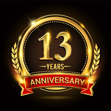 Celebrating 13th years anniversary logo with golden ring and red ribbon.
