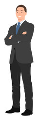 Cartoon people character design businessman in dark gray suit while standing with smiling face and crossed arms