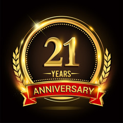 Celebrating 21st years anniversary logo with golden ring and red ribbon.