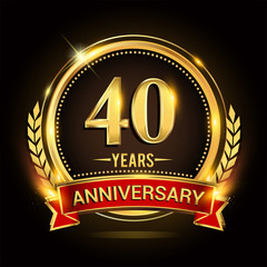 Celebrating 40th years anniversary logo with golden ring and red ribbon.