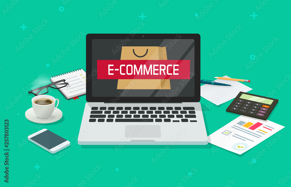 Sticker ecommerce concept vector, working table desk with laptop computer analyzing online internet store, o