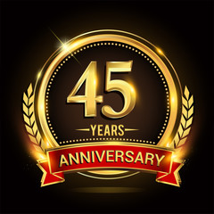 Fototapeta premium Celebrating 45th years anniversary logo with golden ring and red ribbon.