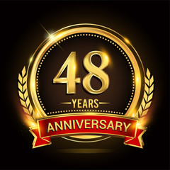 Celebrating 48th years anniversary logo with golden ring and red ribbon.