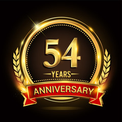 Celebrating 54th years anniversary logo with golden ring and red ribbon.