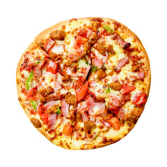 Pizza with Bacon, Sausage, Cheese, Ham, Capsicum & Cherry Tomatoes on White for Restaurants. Delicious Fresh Pizzas Served. Top View of Homemade Pizza Isolated on White Background with Clipping Path.