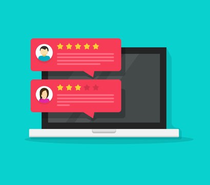 Computer with customer review rating chat messages vector illustration, flat cartoon design of laptop pc display and online reviews or client testimonials, experience or feedback, rating stars