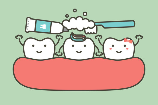 brushing teeth, tooth boy and girl cleaning them friend - dental cartoon vector flat style