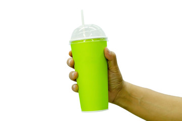 Hand  holding a green paper cup on white background, isolate white clipping path