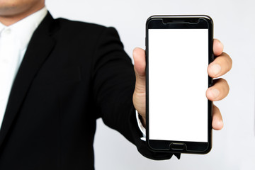 Male hand holding a  smartphone on white background, business concept.