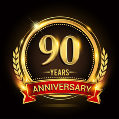 Celebrating 90th years anniversary logo with golden ring and red ribbon.