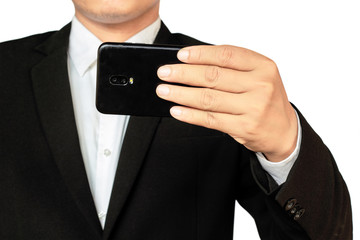 Male hand holding a  smartphone on white background, business concept.