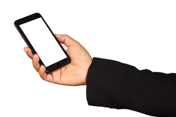 Male hand holding a  smartphone on white background, business concept.