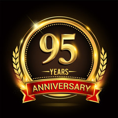 Celebrating 95th years anniversary logo with golden ring and red ribbon.