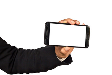 male hand holding smart phone isolated on white