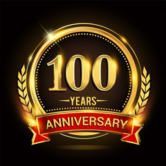 Celebrating 100th years anniversary logo with golden ring and red ribbon.