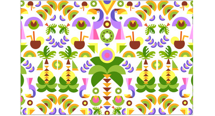 Tropical seamless print pattern, bright trendy summer design with exotic fruit, leaves, birds, colorful vector Illustration