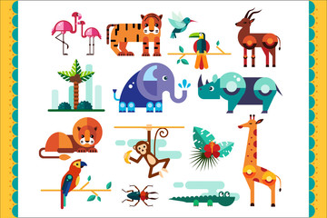 Jungle animals, birds and plants set, summer tropical elements, flamingo, tiger, gazelle, elephant, rhinoceros, monkey, lion, parrot, crocodile, giraffe vector Illustrations