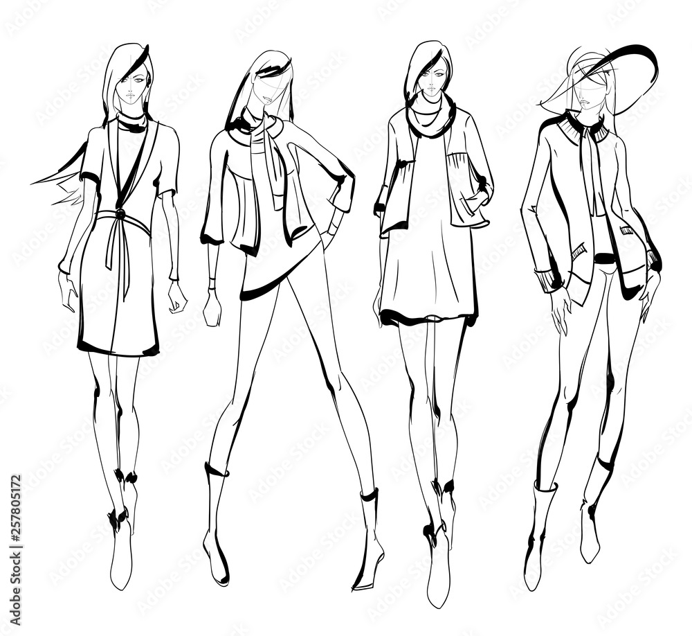 Wall mural Stylish fashion models. Pretty young girls. Fashion womans Sketch