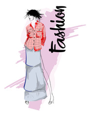 Hand drawn beautiful young woman. Stylish girl. Fashion woman sketch. Fashion model girl.