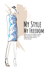 Hand drawn beautiful young woman. Stylish girl. Fashion woman sketch. Fashion model girl.