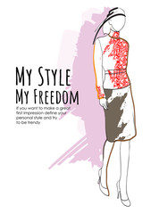 Hand drawn beautiful young woman. Stylish girl. Fashion woman sketch. Fashion model girl.