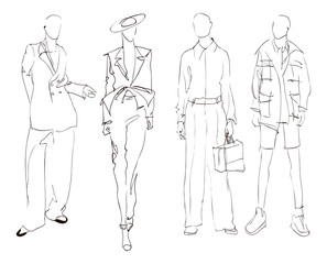 Stylish fashion models. Pretty young men and woman. Fashion womans Sketch