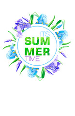 Summer Time banner with blue and purple flowers, flower iris design for banner, flyer, invitation, poster, placard, web site or greeting card. 