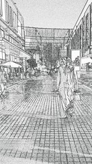Pencil drawing of man with gift bag walking on the street