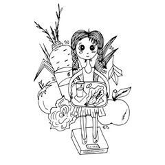 Girl with a tray of food. Diet, sketch, hand-drawn