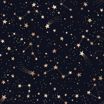 Seamless black space pattern with gold comets, constellations and stars