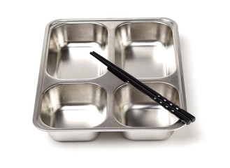 Shiny empty metal tray isolated on white background