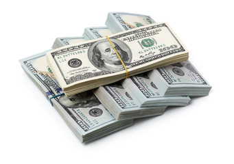 Many bundle of US 100 dollars bank notes isolated on white background 