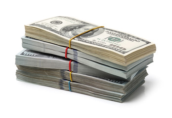 Many bundle of US 100 dollars bank notes isolated on white background 