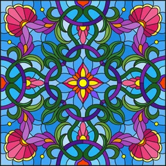 Crédence de cuisine en plexiglas Tuiles marocaines Illustration dans le style de vitrail avec des ornements floraux abstraits, des fleurs, des feuilles et des boucles sur fond bleu, image carrée