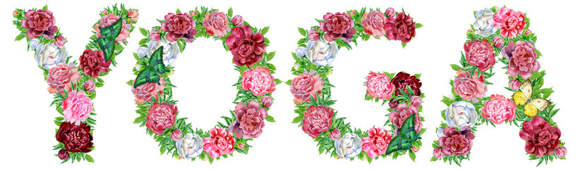 Word YOGA of watercolor peonies flowers and butterflies