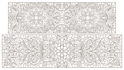 Set contour illustrations of stained glass with abstract swirls and flowers , horizontal orientation