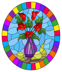 Illustration in stained glass style with bouquets of red Calla lilies flowers in a purple vase and pears on table on blue background,oval image in bright frame