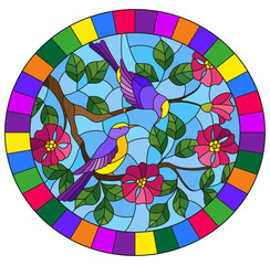 Illustration in stained glass style with two two bright birds on the branches of blooming wild rose on a background sky,oval image in bright frame